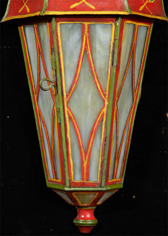 Polychromed tole wall lanterns with slag glass panels For Sale 1